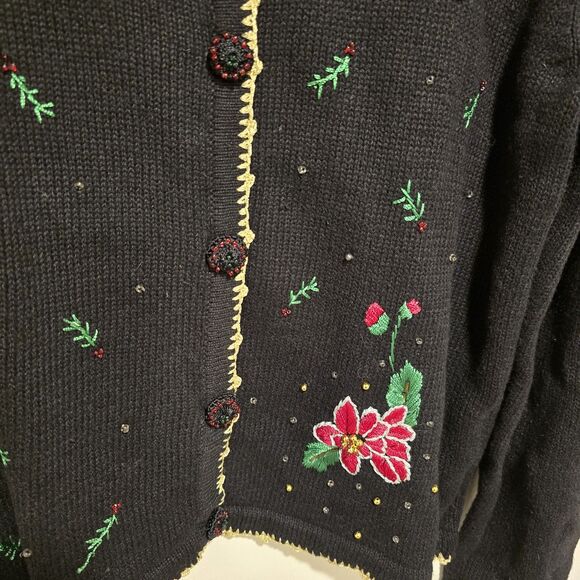 Christmas Sweater Cardigan Large Women Vintage 90s Embroidered Beaded Poinsettia - Picture 4 of 7
